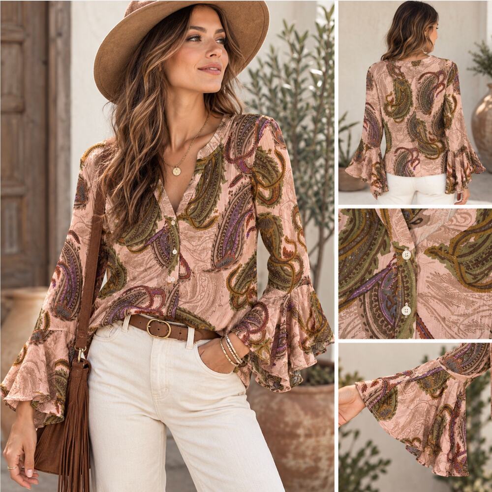 DR2 Paisley Bell Sleeve Blouse Boho Romantic Ruffle Button Front Rayon Size M